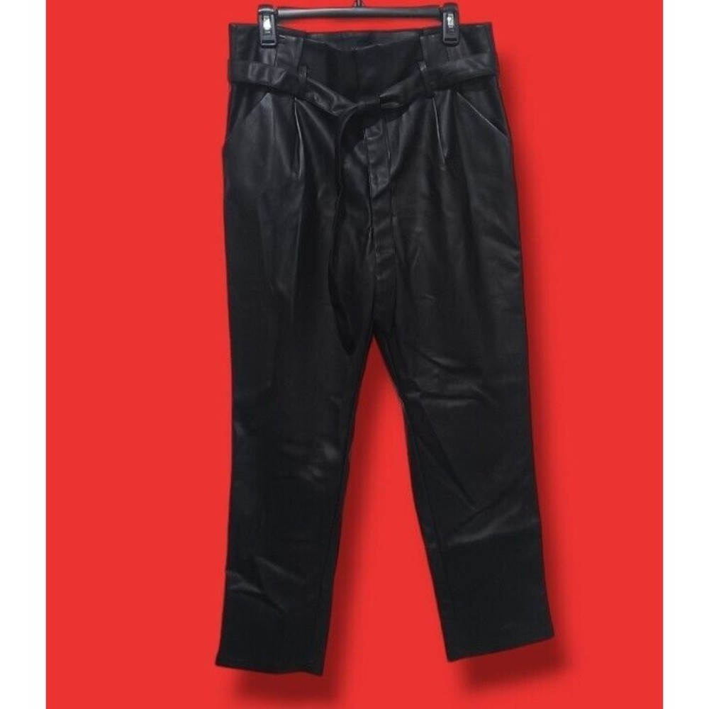 Lucy Paris Belted Paper Bag Waist Black Faux Leather High Rise Womens Sz L Pant - Picture 6 of 16